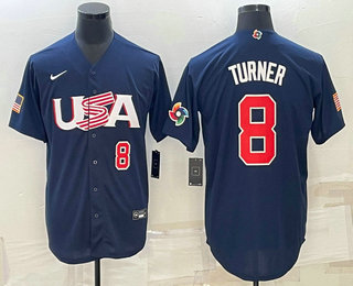 Mens USA Baseball #8 Trea Turner Number 2023 Navy World Baseball Classic Stitched Jerseys